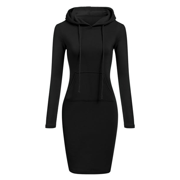 Womens Casual Hooded Hoodie Long Sleeve Sweater Pocket Bodycon Tunic Dress Top 